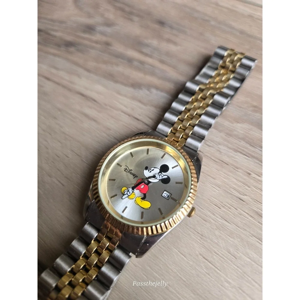Vintage Disney Mickey Mouse Watch Mens Two Tone Gold Stainless Steel Quartz Date